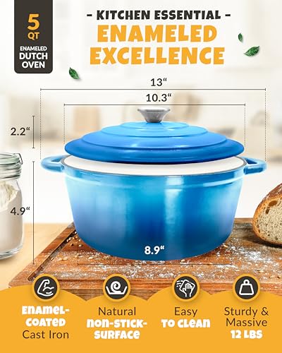 CRUSTLOVE 5 QT Enameled Dutch Oven for Bread Baking with Lid & Baking Set - color: Blue, size: 5QT Round
