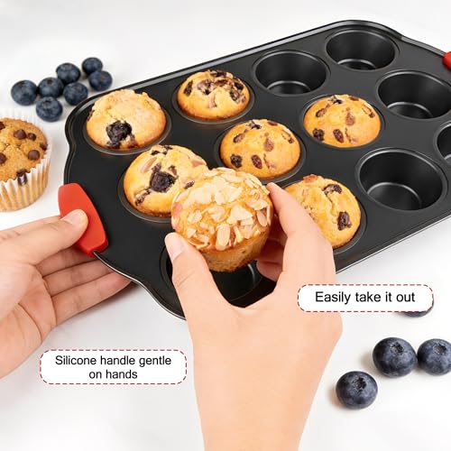 Mini Muffin Pan 12 Cup Muffin Pan with Silicone Grip Handles - color: Black, size: 12 Cup Muffin Pan