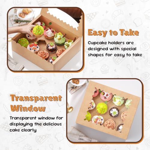 RYDDOY 12 Pack Brown Cupcake Boxes, Hold 12 Count Cupcake, Cupcake Carriers - color: Brown