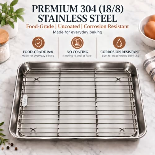 304 (18/8) Stainless Steel Flat Bottom Baking Sheet & Rack, 12.5 x 9.7 In - size: 12.5 × 9.7 in