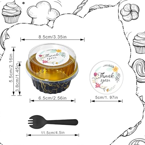 100PCS Aluminium Foil Baking Cups with Lid and Spoon(Black Gold Marble) - color: Black Gold Marble