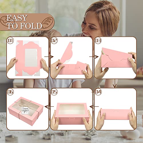KPOSIYA 65 PCS 8x6x2.5 Inch Cookie Boxes with Window Pink Bakery Boxes Pastry Boxes for Gift Giving, Treat, Dessert, Cupcakes, Chocolate, Strawberries, Donuts, Muffins (5 Style Windows) - color: Pink(pack of 65)