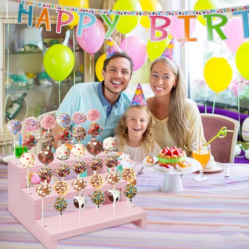 Wood Cake Pop Stands, 3 Tier Lollipop Holders with Twist Ties Lollipop Sticks, Sucker Display Riser for Dessert Table of Wedding Birthday Party (Pink-1P) - color: Pink-1P