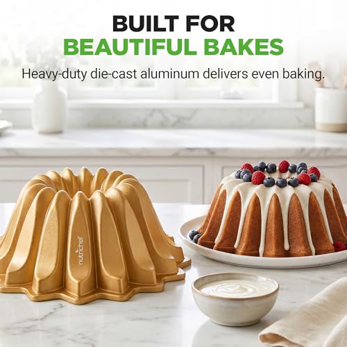 NutriChef Spring Water Fluted Cake Pan, Extra Thick Non-Stick Aluminum Baking Pan, Even Baking and Browning, Oven Safe, PFOA Free, Perfect for Cakes, Bread, and More, 9.4” x 4.2” - style: Spring Water