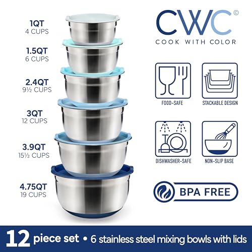 COOK WITH COLOR Stainless Steel Mixing Bowls Set with Lids - Nesting Bowls with Non-Slip Bottom, Blue, 12 Pieces - color: Blue, size: 12 Pieces