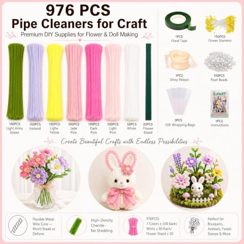 976PCS Pink Pipe Cleaner Flower Kit,7 Colors Soft Chenille Stems - color: Pink colour