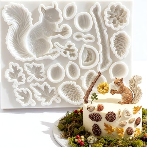 1 Pc Squirrel Acorn Maple Leaf Pine Cone Silicone Fondant Mold 3D Forest Animal Chocolate Candy Mold for Cake Decorating Cupcake Toppers Gum Paste Resin Crafts Autumn Baking Tool Thanksgiving
