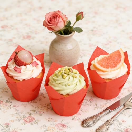 50 Pcs Red Tulip Cupcake Liners for Baking, Muffin Liners - color: Red