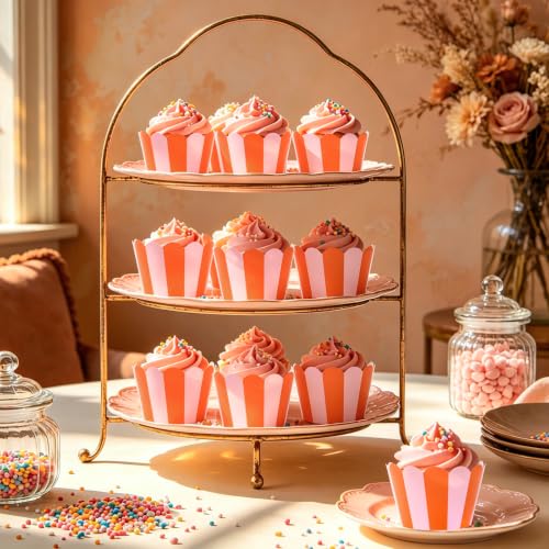 Whaline 36Pcs Pink Orange Cupcake Wrappers Stripe Scalloped Cupcake Liners Summer Decorative Baking Cups for Birthday Baby Shower Wedding Party Supplies