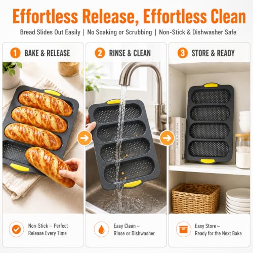 2 Pack Food Grade Silicone Baguette Bread Pan, 4‑Cavity Non‑Stick Easy Release French Bread Mold for Homemade Baguettes, Sourdough, Hoagie, Hot Dog Buns, Sandwich, Includes Bread Lame
