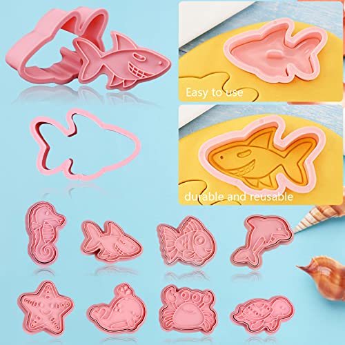 8 Piece Ocean Cookie Cutters With Plunger Stamps Set - color: Ocean Creature Cookie Cutters With Plunger Stamps