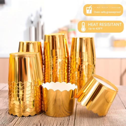 Meanplan 100 Pcs Foil Cupcake Liners Baking Cups Christmas Wedding, Gold