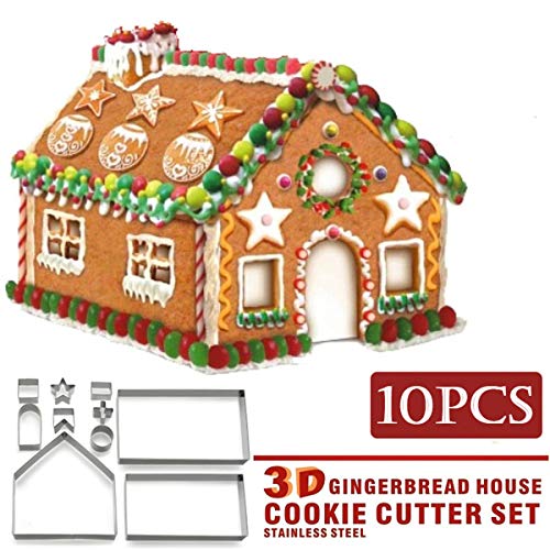 3D Christmas Gingerbread House Cookie Cutters Set, FantasyDay 10 Pcs 430 Stainless Steel Cartoon Snowflake Biscuit Cutter Pastry Mold for Holiday Birthday Cake Dough Donut Fondant - Baking Dough Tool - color: #1