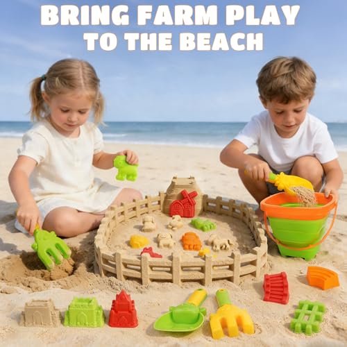 Collapsible Beach Toy Set for Kids, 29 Pcs Farm Sand Toys with Animal Molds - size: 2 bucket farm set