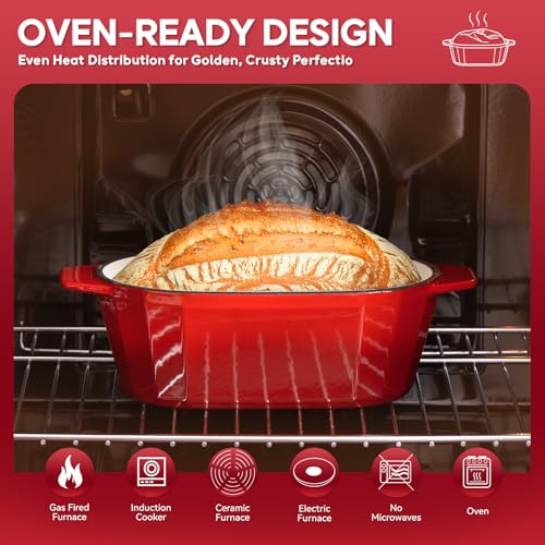 Enameled Cast Iron Dutch Oven for Bread Baking – 3QT Oval Round Heavy Duty Bread Pan with Lid, Non-Stick Ceramic Coating,Loaf Cast Iron Bread Oven for Sourdough, Baking, Roasting, Braising, Stovetop & Oven Safe - color: Red