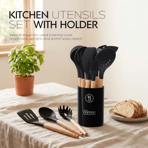 oannao Silicone Cooking Utensils Set Utensil Sets - 446°F Heat Resistant Silicone Kitchen Utensils Set Wooden Handles, Silicone Utensils for Cooking w Holder for Non-Stick Cookware BPA FREE (Black) - color: Black