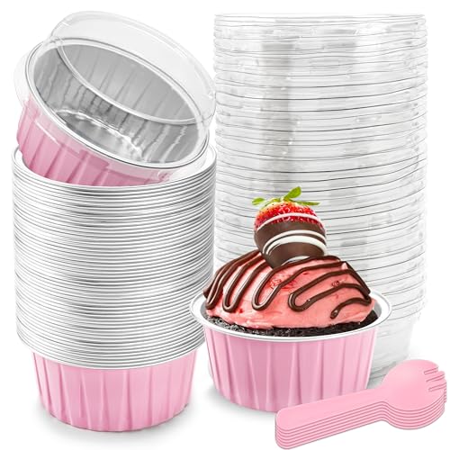 Mini Cake Tins with Lids,Baking Cups,5oz 50 Pack Pink for Desserts - color: Pink