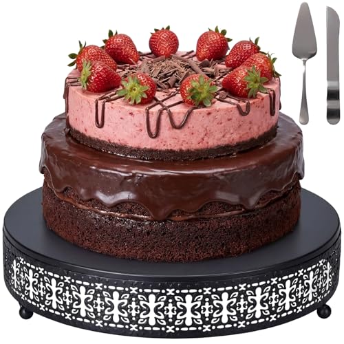 Wenqik Black Metal Cake Stand 12 Inch with Cutting & Spatula - color: Black, size: 12 Inch