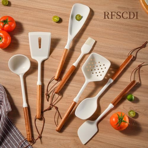 White Silicone Cooking Utensils Set, Kitchen Utensils Set 7 Pcs for cooking, Non-Toxic Spatula Set with Heat Resistant Wood Handles for Nonstick Cookware, (Cream White) - color: Cream White