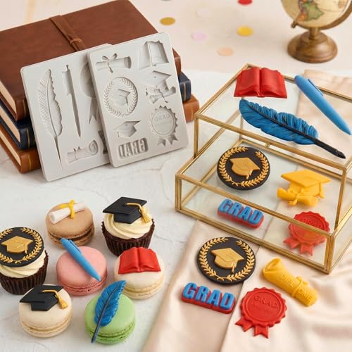 Sakolla 2 Pack 2026 Graduation Candy Chocolate Molds, Doctoral Cap Diploma Scroll Badge Pen Shape Fondant Silicone Molds for Party Cake Decoration（Mini/Grey） - color: Graduation Season Molds/Grey