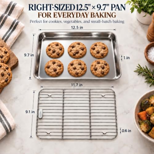 304 (18/8) Stainless Steel Flat Bottom Baking Sheet & Rack, 12.5 x 9.7 In - size: 12.5 × 9.7 in