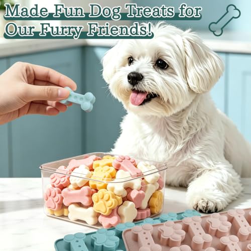 2Pack Dog Treat Molds Silicone, 24 Cavity Puppy Paw & Bone Shaped - color: Pink+Blue