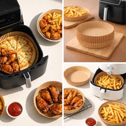 PakTalk Air Fryer Liners Disposable, Round Non-Stick Oil Proof Parchment Paper for Air Fryer Basket, Pre-Cut Bowl Shape Unbleached Food Grade for Oven Microwave Steamer (6.3 inch-50 pack) - size: 6.3 inch-50 pack