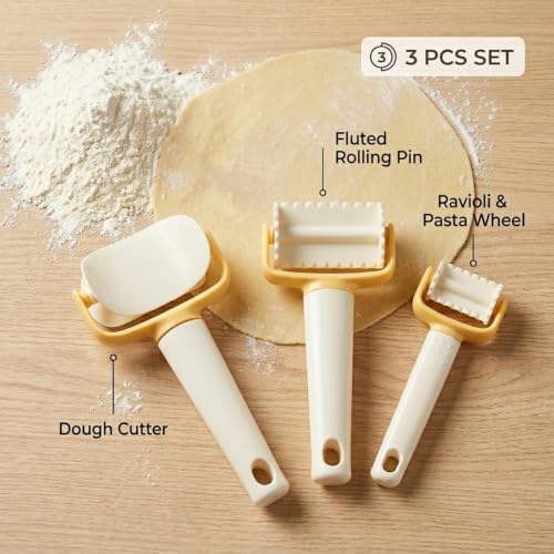 Rolling Cookie Cutter Set, 3 Piece Biscuit Maker and Dough Cutter Wheels with Ergonomic Handle, Round Crimped and Square Pastry Roller for Cookies, Ravioli, Pizza, Dumplings, Donuts, Crackers, Scones