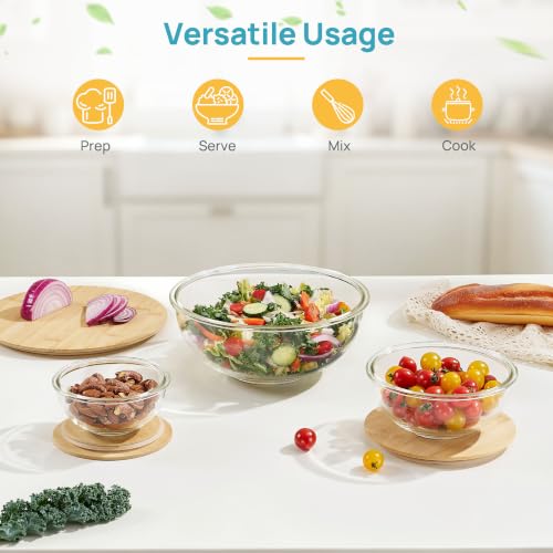 Vtopmart 3 Pack Glass Mixing Bowls with Bamboo Lids, Nesting Set - style: 3-piece set