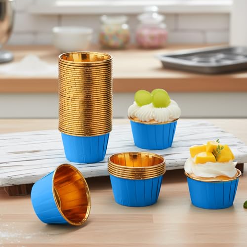 300 Pack Blue Gold Cupcake Liners Bulk Disposable Foil Muffin Cup - color: Blue Gold