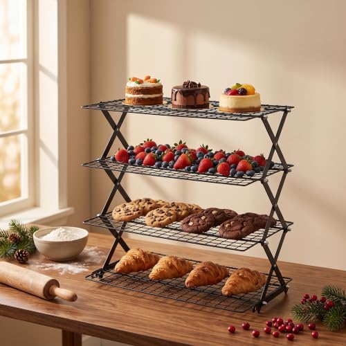 LIANYU 4-Tier Cooling Rack for Baking & Cooking, Collapsible & Space-Saving - color: Black