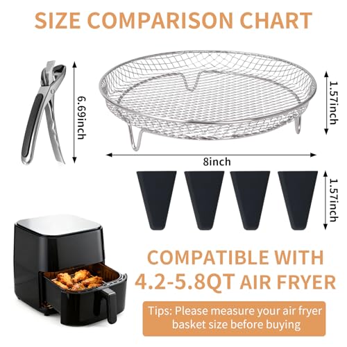 8 Inch Stackable Air Fryer Rack, Stainless Steel Cooling & Cooking Rack with Silicone Feet, Fits 4.2QT-5.8QT Air Fryers for Multi-Layer Cooking