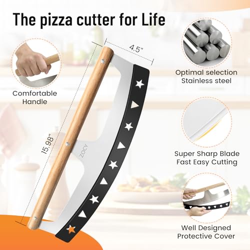 Pizza Cutter Rocker with Wooden Handles & Protective Cover by ZOCY, 16" Sharp Stainless Steel Pizza Slicer Wheel, Big Pizza Knife Cutters for Kitchen Tool (16inch) - size: 16inch