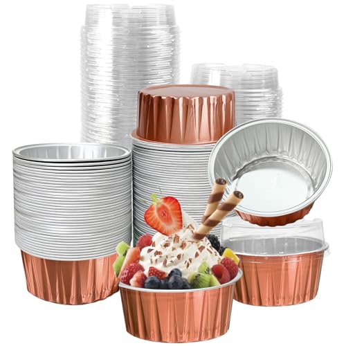 100Pcs Aluminum Cups with Lids,5oz Disposable Ramekin Baking Cups Muffin Liners Mini Pie Pans Foil Cupcake Containers for Christmas Party Wedding Party,Orange - color: Orange