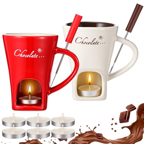 Honeydak 2 Set Chocolate Fondue Mug with Fork ＆ Candle, Red, White - color: Red, White