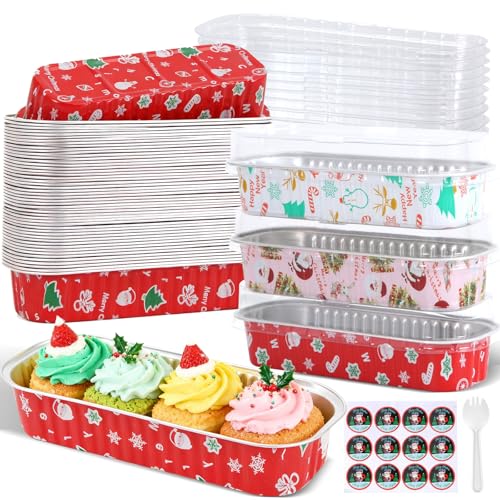 50Pack Mixcolor Christmas Mini Cake Pans with Lids and Spoons Mini Loaf Pans with Lids, 6.8Oz Aluminum Foil Pans Tins, Individual Dessert Cups Containers for Sales,Party,Picnics - color: 50-Christmas-Mix