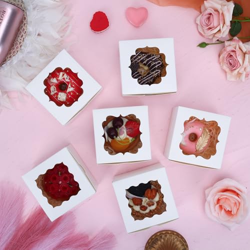 TOMNK 150pcs Small Cookie Boxes with Window, 4x4x2.5In Small Bakery Boxes - color: White