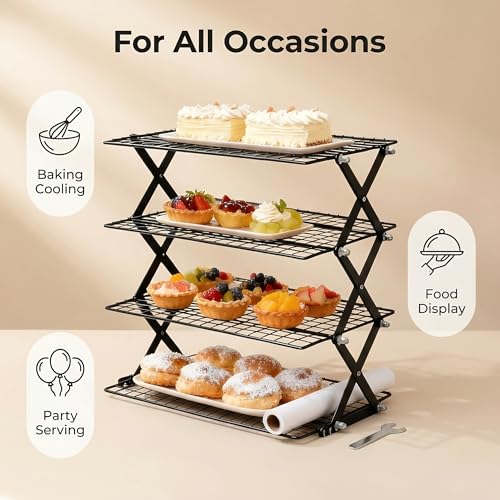 4-Tier Collapsible Cooling Rack for Baking, 3-Setting Adjustable Stackable Cookie Rack, Durable Nonstick Space-Saving Stand for Cooking, Roasting, Drying, Grilling, Cottage Bakery