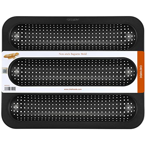 CHEFMADE Perforated Baguette Pan, Non-stick 3-slot French Bread Baking Loaf Bakeware for oven (Black)