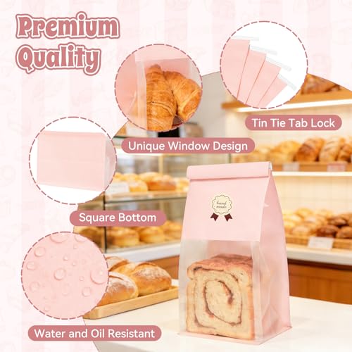 100 Pack Pink Bakery Bags with Window, 5.1x3.9x11 Inches Paper Bread Bags - size: Medium