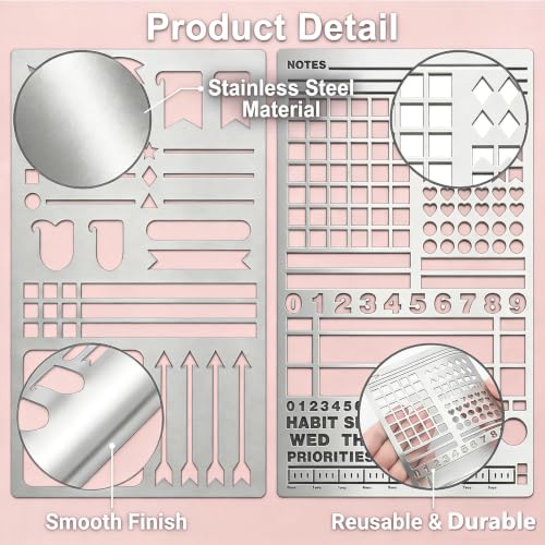 2 Pack Metal Journal Stencils - Stainless Steel Reusable, Planner Stencils for Planner & Bullet Journal, Lists, Creative Journaling, DIY Scrapbooking, Habit Tracker