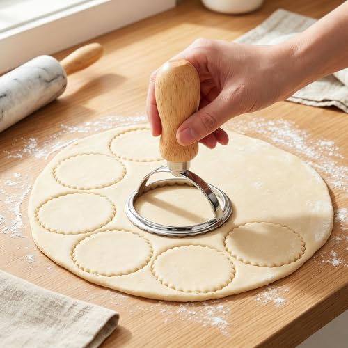 Large Round Cookie Stamp Cutter, Wood Handle Fluted Ravioli Press - color: Large Circle