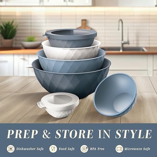 COOK WITH COLOR Mixing Bowls with Lids - 12 Piece Plastic Nesting Bowls Set includes 6 Prep Bowls and 6 Lids, Microwave Safe Mixing Bowl Set, Denim Diamond - color: Denim Diamond
