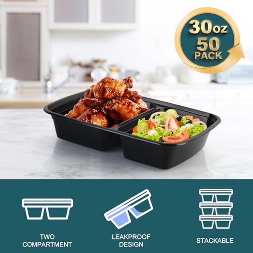 Meal Prep Containers 30 OZ, 50 Pack 2 Compartment Leakproof with Lids - size: 30OZ-50Pack