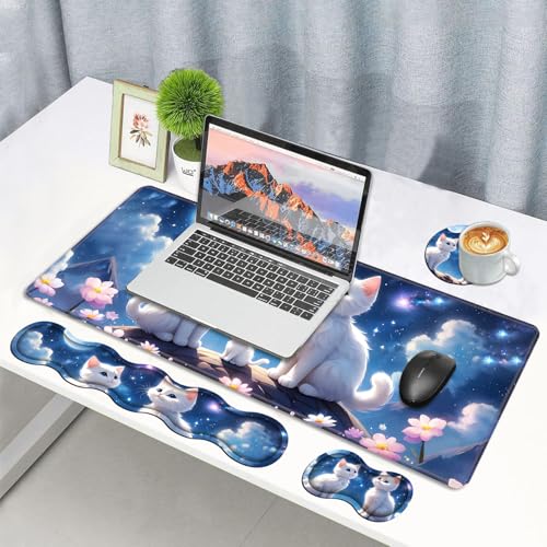 4 in 1 Ergonomic Memory Foam Mouse Pad Wrist Rest Set, Large XXL Gaming Desk Pad + Keyboard Wrist Rest + Mouse Wrist Cushion + Coaster for Home Office Study Gaming, Cute Cat - color: Cute Cat