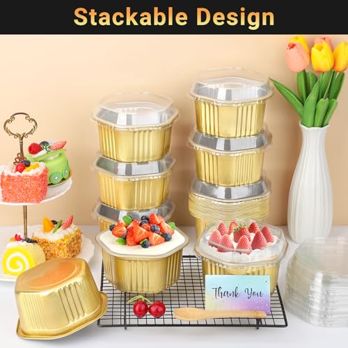 Beasea Disposable Baking Cups with Lids, 50 Pack 20oz 598ml Aluminum Foil Ramekins Pans Hexagon Individual Cupcake Desserts Containers Creme Brulee Pudding Souffle Oven Tins for Party - Gold - color: Gold, size: 20oz