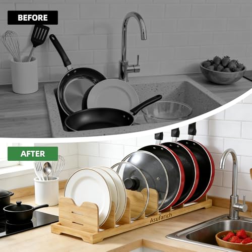 Pots and Pans Organizer Under Cabinet, Cutting Board/Baking Sheets Storage Rack, Adjustable Bamboo Pot Lid Holder, Pot Lid Organizer Inside Cabinet, Pot and Pan Organizers(Natural) - size: 60