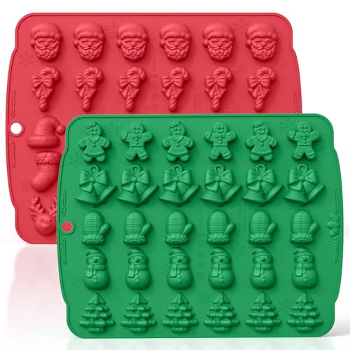 HKNMTT Christmas Silicone molds for Xmas Candy Chocolate Wax Decor, 60 Cavity 11 Shapes Gummy Mould, Including Tree Santa Cane Hat Socks Elk Gingerbread Man Bell Glove Snowman Food Grade DIY Set - style: 11 Shaped Xmas 2PCS