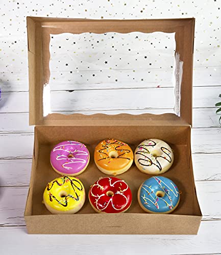 ONE MORE 15-Pack Brown Pastry Box12x8x2.5inch,Large Bakery Cookie Box for Donuts,Muffins with Window Lid - Auto-Pop up Paper Box Doughnut Cardboard Chocolate Strawberries Treat Boxes,Pack of 15