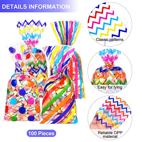 Aodaer 100 Pieces 10.6 x 5.1 In Rainbow Cellophane Bags Plastic Candy Gift Bag Cellophane Treat Bags with Twist Ties Stripes Polka Dot Printed Pattern Goodie Bag for Birthday Weddings Party Favors - color: Rainbow